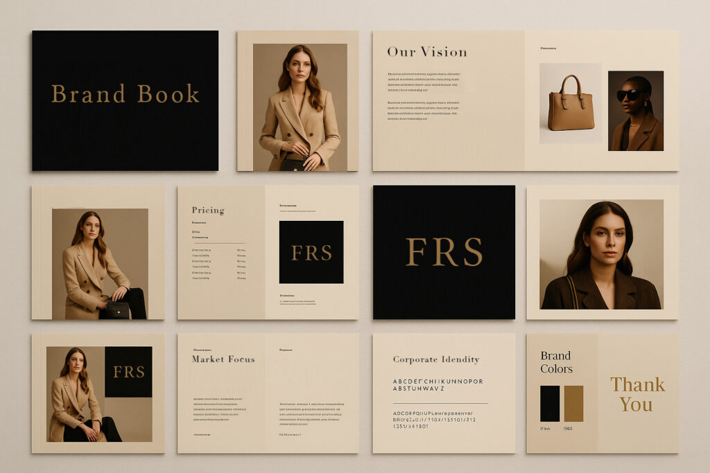 Fashion marketing brand book showing visual identity, campaign aesthetics and brand strategy for premium fashion brands