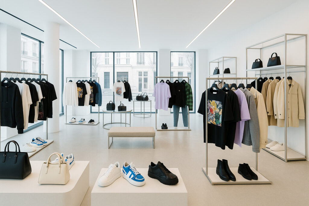 Fashion marketing retail presentation showing a premium and luxury fashion collection displayed in a curated boutique environment