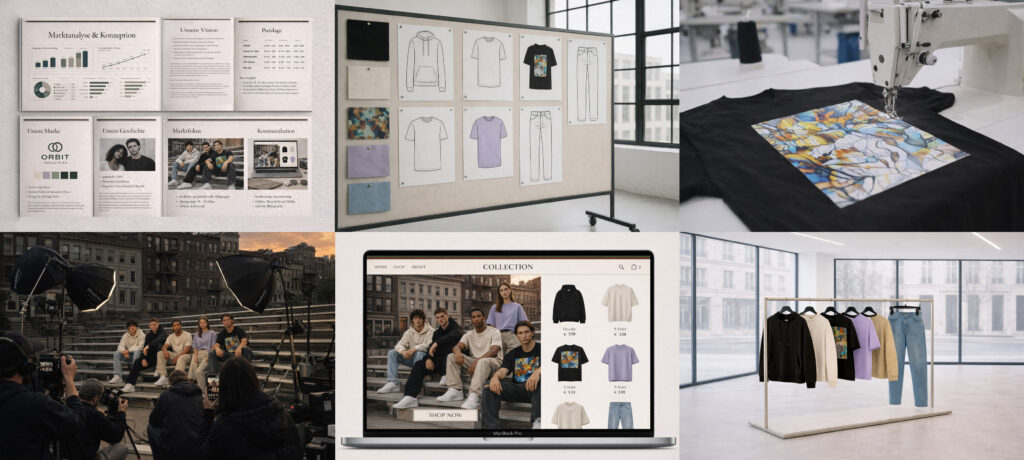 Ganzheitliche Leistungen von der Kollektionskonzeption über die Textilproduktion bis zur Markteinführung mit Brand Book, Kollektionsboard, Produktion, Fotoshooting, Website und Luxus Store