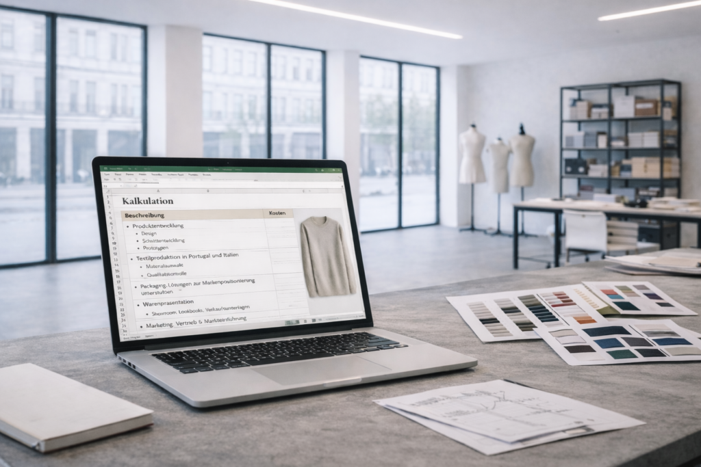 Laptop mit Einzelstückkalkulation eines Pullovers zur Kostenplanung beim Modelabel gründen